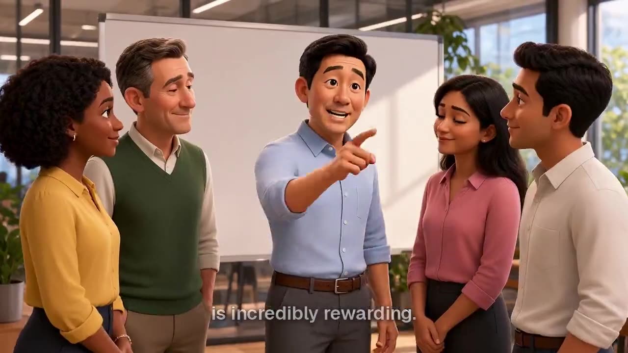 Illustrated AI staff member introducing the team